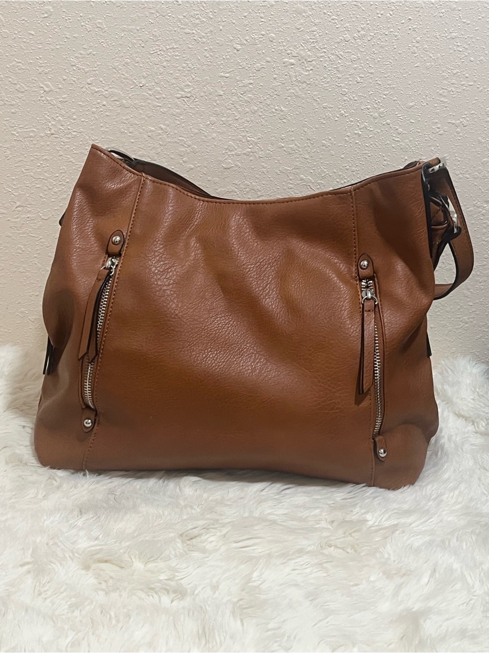 Women's Tan Shoulder Bag with Front Zip Accents